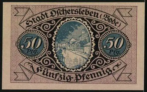 Notgeld Oschersleben (Bode) 1921, 50 Pfennig, Wappen und Ortspartie an der Bode