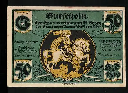 Notgeld Hamburg 1921, 50 Pfennig, Sportvereinigung St. Georg, Krieger zu Pferde kämpft gegen Drachen, brennende Stadt
