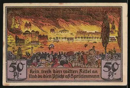 Notgeld Hamburg 1921, 50 Pfennig, Sportvereinigung St. Georg, Krieger zu Pferde kämpft gegen Drachen, brennende Stadt