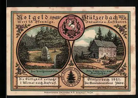Notgeld Stützerbach /W.-A. 1921, 75 Pfennig, Der Dreiherrenstein, Alte Schmiede am Auerhahn, Blaserohr-Vogelschiessen