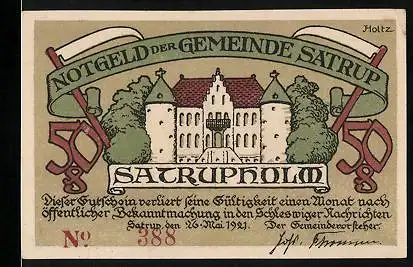 Notgeld Satrup 1921, 50 Pfennig, Burganlage Satrupholm, Frauen in Tracht