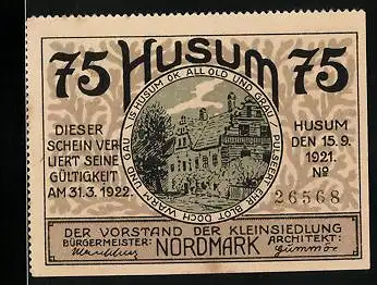 Notgeld Husum1921, 75 Pfennig, Ortspartie und Kirche
