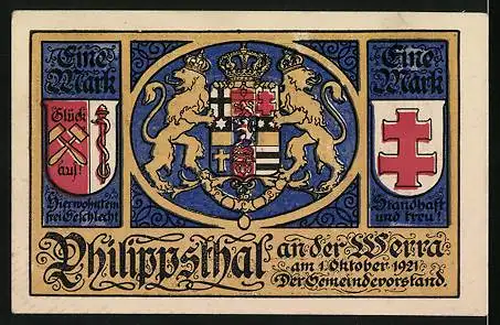 Notgeld Philippsthal an der Werra 1921, 1 Mark, Schlosshofeinfahrt mit Landgraf Philipp und Burgvogt, Wappen