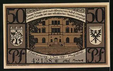 Notgeld Eberswalde 1921, 50 Pfennig, Spritzkuchen mit Wappen, Gesundbrunnen