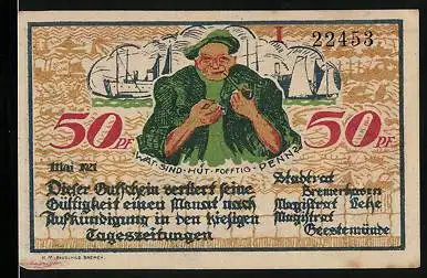 Notgeld Bremerhaven 1921, 50 Pfennig, Seemann, Schiff mit Anker und Pflug