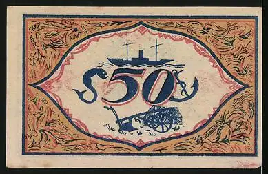 Notgeld Bremerhaven 1921, 50 Pfennig, Seemann, Schiff mit Anker und Pflug