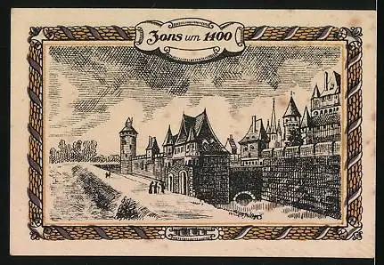 Notgeld Zons 1921, 50 Pfennig, Wappen und Zons um 1400