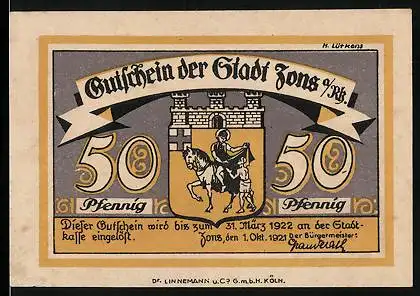 Notgeld Zons a. Rh. 1921, 50 Pfennig, Wappen und Rheinturm