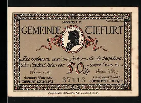 Notgeld Tiefurt 1921, 50 Pfennig, Silhouette von Herzogin Anna Amalie, Denkmal dem Verewigten Leopold Anna-Amalia