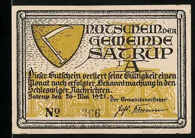 Notgeld Satrup i. A. 1921, 1 Mark, Wappen und Ritter zu Pferde