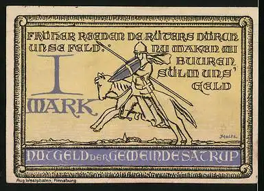 Notgeld Satrup i. A. 1921, 1 Mark, Wappen und Ritter zu Pferde