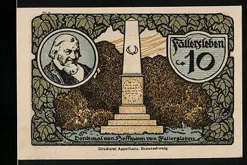 Notgeld Fallersleben 1920, 10 Pfennig, Denkmal von Hoffmann von Fallersleben