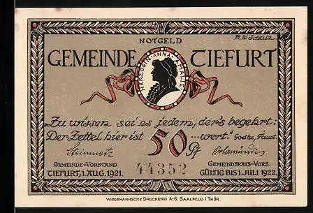Notgeld Tiefurt 1921, 50 Pfennig, Silhouette von Herzogin Anna Amalie, Silhouette Johann Wolfgang v. Goethe, Musentempel