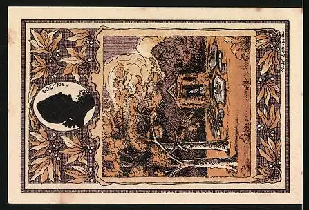 Notgeld Tiefurt 1921, 50 Pfennig, Silhouette von Herzogin Anna Amalie, Silhouette Johann Wolfgang v. Goethe, Musentempel