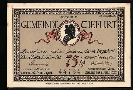 Notgeld Tiefurt 1921, 75 Pfennig, Silhouette von Herzogin Anna Amalie, Silhouette Dichter Wieland mit Denkmal