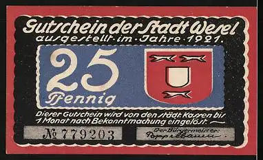 Notgeld Wesel 1921, 25 Pfennig, Segelboot und Wappen