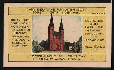 Notgeld Jerichow 1921, 25 Pfennig, Aufgehende Sonne und Klosterkirche