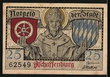Notgeld Aschaffenburg 25 Pfennig, Jäger im Spessart mit Wildschwein und Reh, Geistlicher mit Wappen