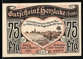 Notgeld Herzlake (Hann.) 1921, 75 Pfennig, Blick vom Feld zum Dorf, Strassenpartie