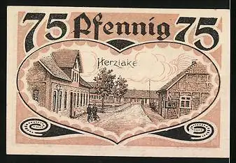 Notgeld Herzlake (Hann.) 1921, 75 Pfennig, Blick vom Feld zum Dorf, Strassenpartie