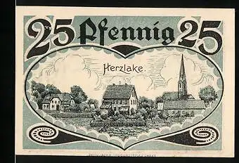 Notgeld Herzlake (Hann.) 1921, 25 Pfennig, Teilansicht mit Kirche, Segelboot