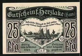 Notgeld Herzlake (Hann.) 1921, 25 Pfennig, Teilansicht mit Kirche, Segelboot