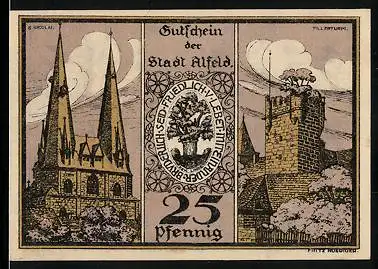 Notgeld Alfeld /Leine 1921, 25 Pfennig, Kirche S. Nicolai und Fillerturm, Geistlicher im Lehnstuhl