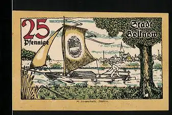Notgeld Gollnow 1921, 25 Pfennig, Segelboot mit Blick zum Ort