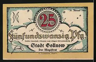 Notgeld Gollnow 1921, 25 Pfennig, Segelboot mit Blick zum Ort