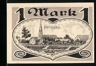 Notgeld Herzlake (Hann.) 1921, 1 Mark, Ortsansicht mit Kirche, alte Hügel mit Aseburg