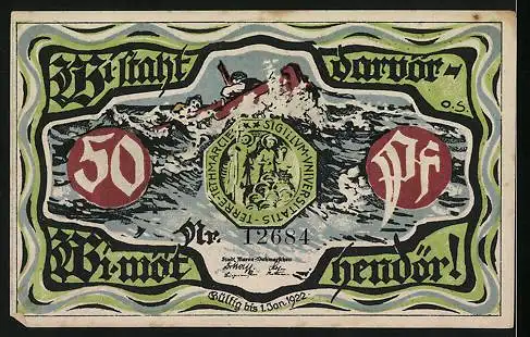 Notgeld Marne 1922, 50 Pfennig, Bauern auf dem Feld, Boot auf stürmischer See