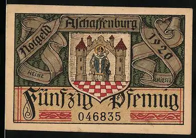 Notgeld Aschaffenburg 1920, 50 Pfennig, Wappen und Portrait eines Malers