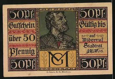 Notgeld Aschaffenburg 1920, 50 Pfennig, Wappen und Portrait eines Malers