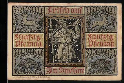 Notgeld Aschaffenburg, 50 Pfennig, Jäger mit Hirsch und Wildschwein, Geistlicher mit Wappen