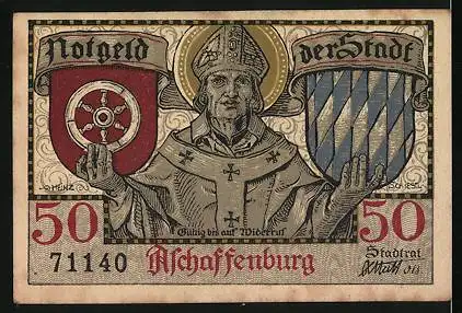 Notgeld Aschaffenburg, 50 Pfennig, Jäger mit Hirsch und Wildschwein, Geistlicher mit Wappen