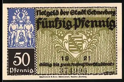 Notgeld Schneeberg 1921, 50 Pfennig, Wappen und Langgasse aus dem Ort