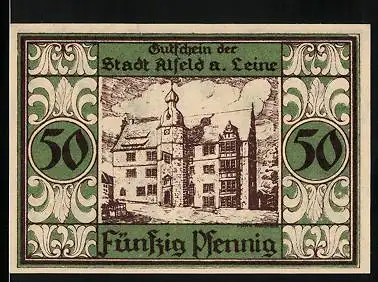 Notgeld Alfeld a. Leine 1921, 50 Pfennig, Rathaus, Geistlicher im Lehnstuhl