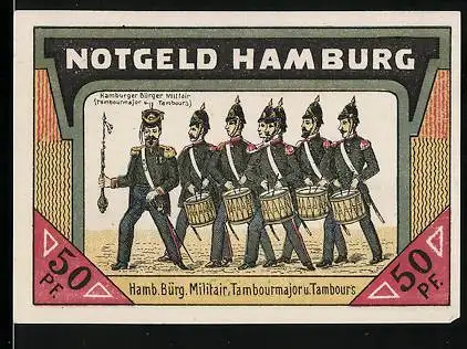 Notgeld Hamburg 1921, 50 Pfennig, Hamb. Bürg. Militair, Tambourmajor u. Tambours, Lombardsbrücke und Alster