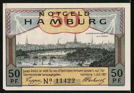 Notgeld Hamburg 1921, 50 Pfennig, Hamb. Bürg. Militair, Tambourmajor u. Tambours, Lombardsbrücke und Alster