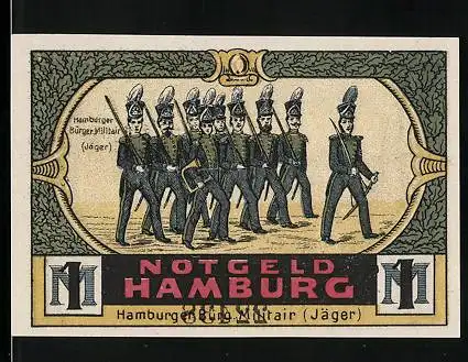 Notgeld Hamburg 1921, 1 Mark, Hamburger Bürger Militair (Jäger) und Uhlenhorst