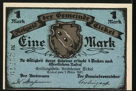 Notgeld Eickel 1921, 1 Mark, Kriegsküche Eickel und Wappen