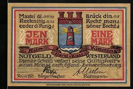 Notgeld Westerland /Sylt 1921, 1 Mark, Wappen und Segelboote