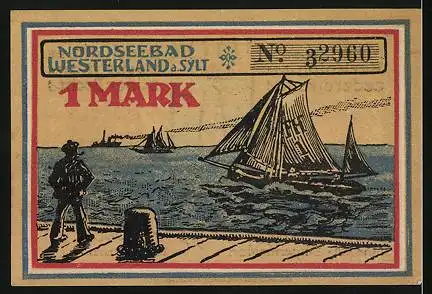 Notgeld Westerland /Sylt 1921, 1 Mark, Wappen und Segelboote