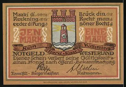 Notgeld Westerland /Sylt 1921, 1 Mark, Wappen und Segelboote