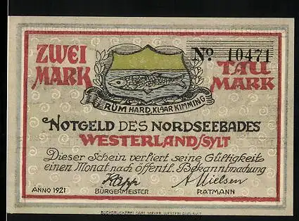 Notgeld Westerland /Sylt 1921, 2 Mark, Seeleute und Mönch