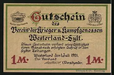 Notgeld Westerland /Sylt 1921, 1 Mark, Ehrenfriedhof der Gefallenen von SMS-Köln u. Mainz, Frau mit Reichsfahne