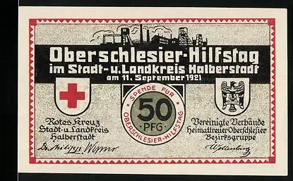 Notgeld Halberstadt 1921, 50 Pfennig, Oberschlesischer Hilfstag Rotes Kreuz, Krieger
