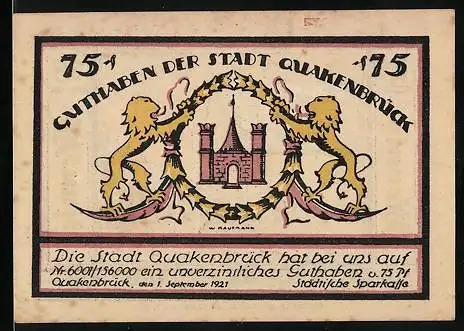 Notgeld Quakenbrück 1921, 75 Pfennig, Wappen und Ortspartie