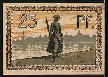 Notgeld Husum, 25 Pfennig, Wappen und junge Frau mit einem Ruder am Wasser stehend