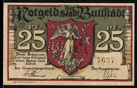 Notgeld Buttstädt, 25 Pfennig, Wappen und Ortspartie mit Kirche